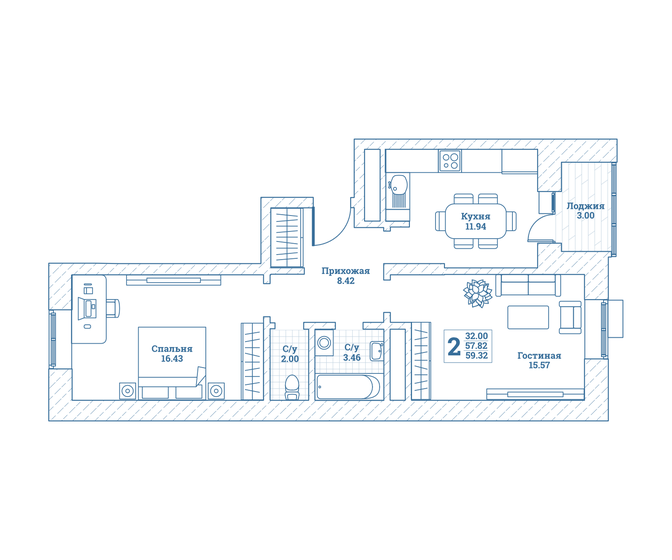 59,3 м², 2-комнатная квартира 6 614 180 ₽ - изображение 1