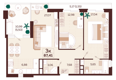 Квартира 87,4 м², 3-комнатная - изображение 1