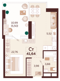 Квартира 41,6 м², 1-комнатная - изображение 1