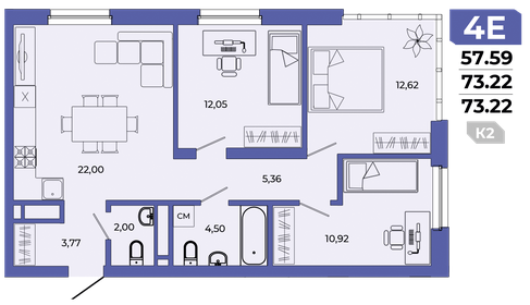 Квартира 73,2 м², 4-комнатная - изображение 1