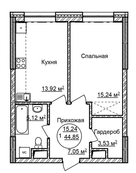 44,9 м², 1-комнатные апартаменты 5 606 250 ₽ - изображение 51