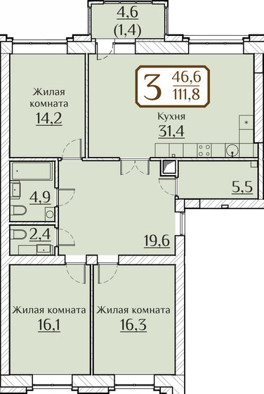 115 м², 3-комнатная квартира 17 105 400 ₽ - изображение 1