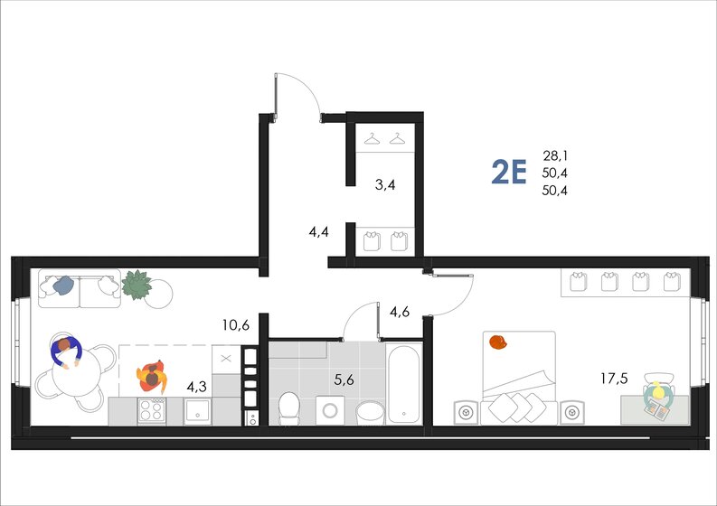 50,4 м², 2-комнатная квартира 4 986 576 ₽ - изображение 1