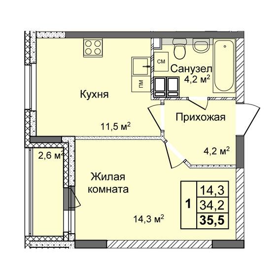 35,5 м², 1-комнатная квартира 6 309 415 ₽ - изображение 1