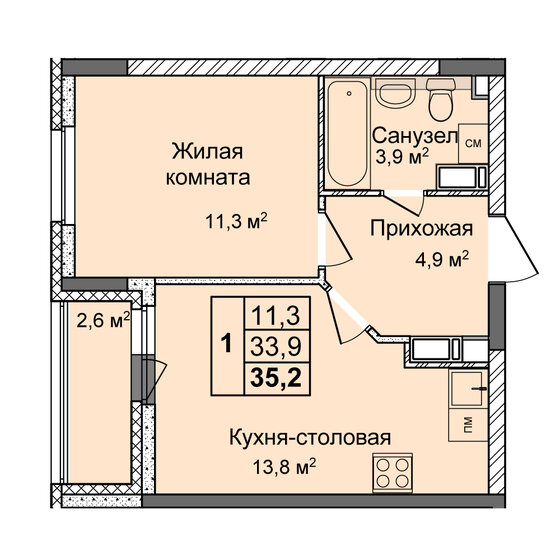 35,2 м², 1-комнатная квартира 6 203 648 ₽ - изображение 1