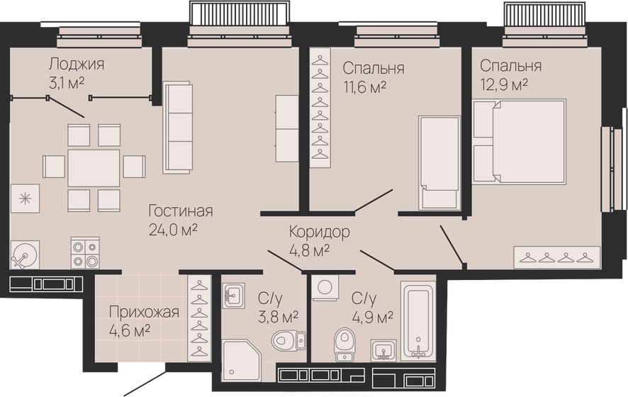 68,3 м², 2-комнатная квартира 18 236 100 ₽ - изображение 1