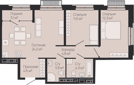 Квартира 68,3 м², 2-комнатная - изображение 1