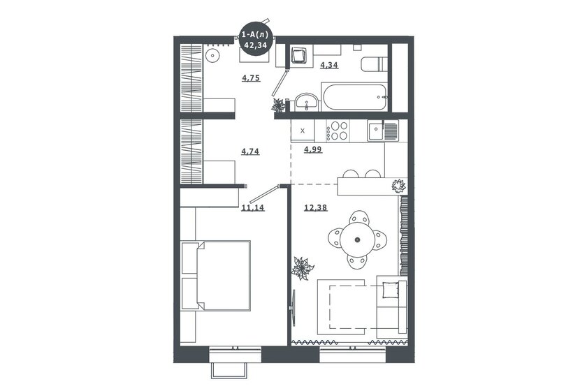 42,4 м², 1-комнатная квартира 6 050 000 ₽ - изображение 1