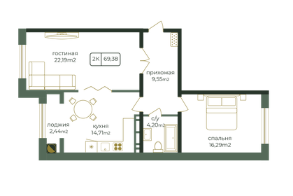 Квартира 69,4 м², 2-комнатная - изображение 1