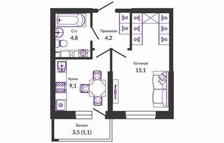 Квартира 34,6 м², 1-комнатная - изображение 1