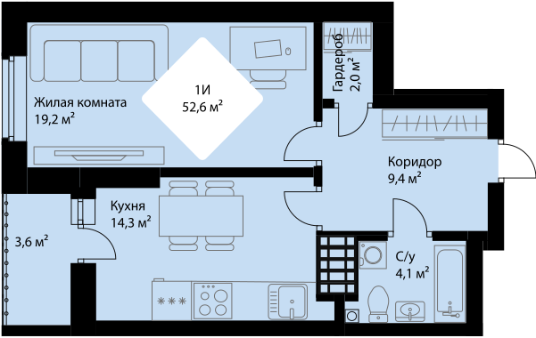 50,8 м², 1-комнатная квартира 7 620 000 ₽ - изображение 1