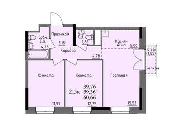 Квартира 59,4 м², 2-комнатная - изображение 1