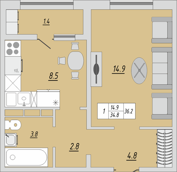 36,2 м², 1-комнатная квартира 2 968 400 ₽ - изображение 1