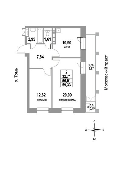 59,3 м², 2-комнатная квартира 8 306 200 ₽ - изображение 1