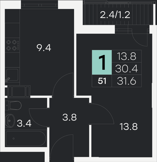 31,6 м², 1-комнатная квартира 4 379 760 ₽ - изображение 1