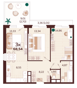 Квартира 68,5 м², 3-комнатная - изображение 1