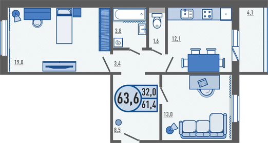 Квартира 63,6 м², 2-комнатная - изображение 1