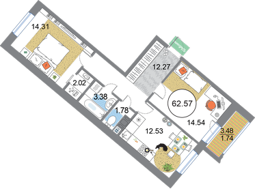 Квартира 62,6 м², 2-комнатная - изображение 1