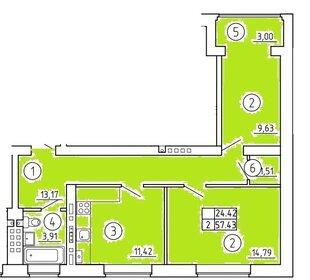 Квартира 57,4 м², 2-комнатная - изображение 1