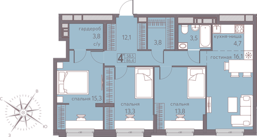 Квартира 86,4 м², 4-комнатная - изображение 1