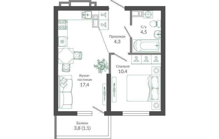 37,7 м², 1-комнатная квартира 15 973 470 ₽ - изображение 1