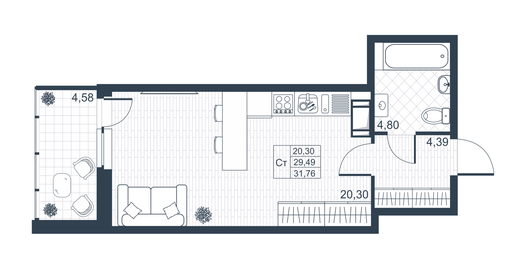 Квартира 31,8 м², студия - изображение 1