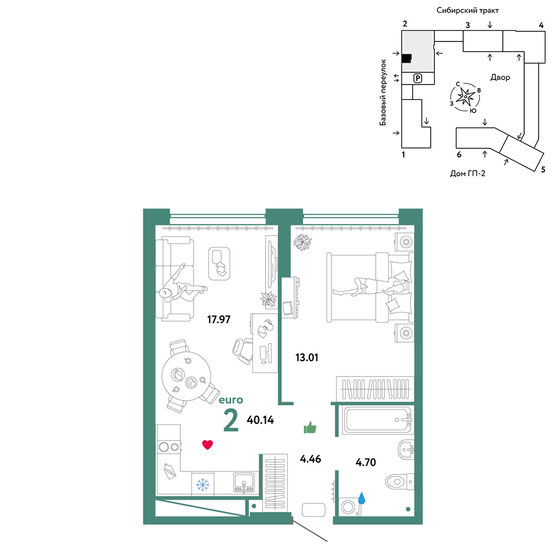 40,1 м², 2-комнатная квартира 7 065 000 ₽ - изображение 1