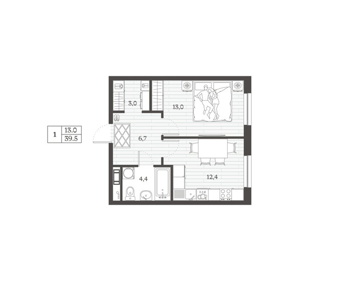 39,5 м², 1-комнатная квартира 5 877 600 ₽ - изображение 1