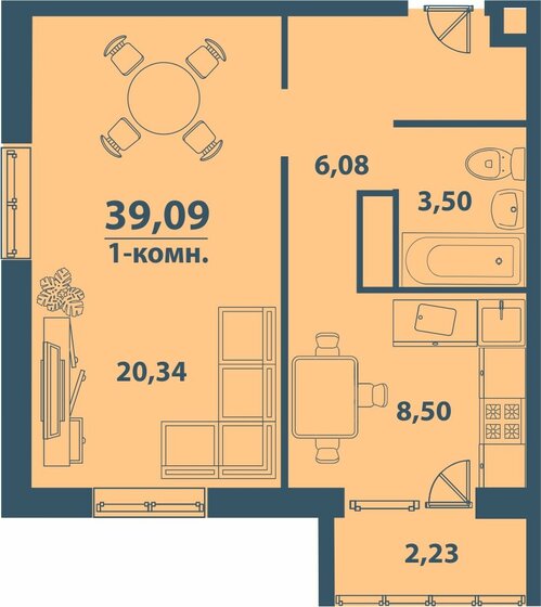39,1 м², 1-комнатная квартира 3 361 740 ₽ - изображение 1