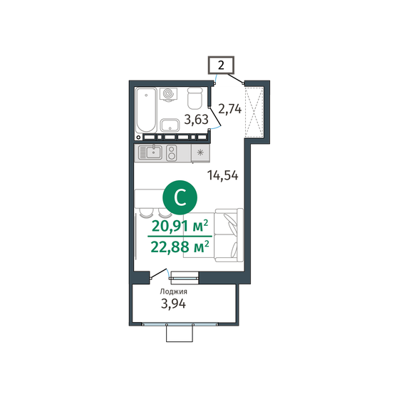 20,9 м², 1-комнатная квартира 3 429 000 ₽ - изображение 1
