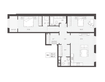 Квартира 88,4 м², 2-комнатная - изображение 1