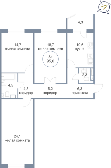 95 м², 3-комнатная квартира 9 260 000 ₽ - изображение 1