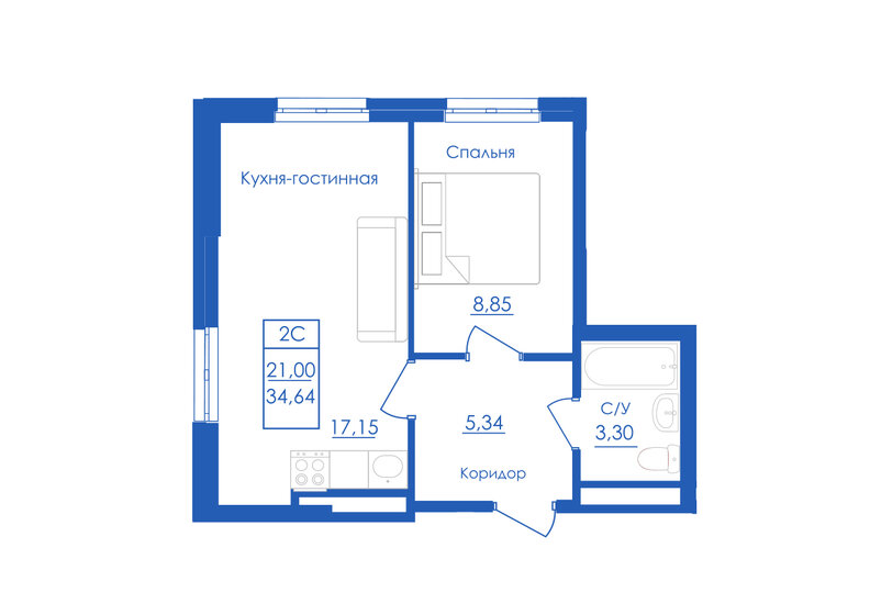 34,6 м², 2-комнатная квартира 4 052 880 ₽ - изображение 21