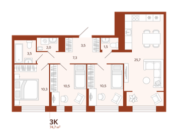 Квартира 74,7 м², 3-комнатная - изображение 1