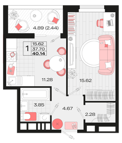 Квартира 40,1 м², 1-комнатная - изображение 1