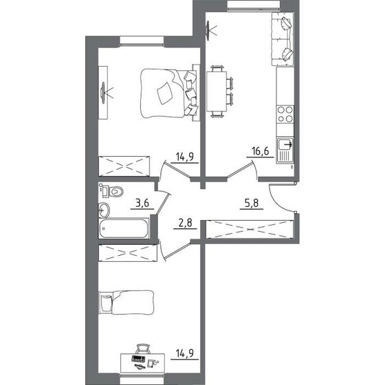 58,6 м², 2-комнатная квартира 7 266 400 ₽ - изображение 1