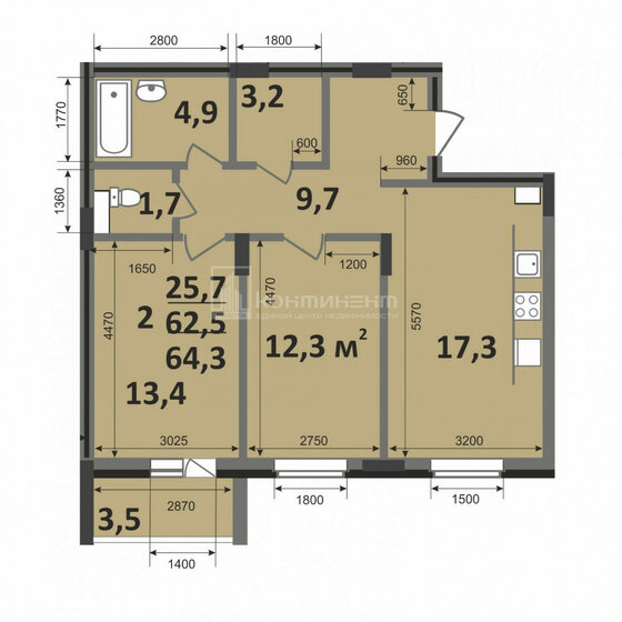 64,3 м², 2-комнатная квартира 6 250 000 ₽ - изображение 1