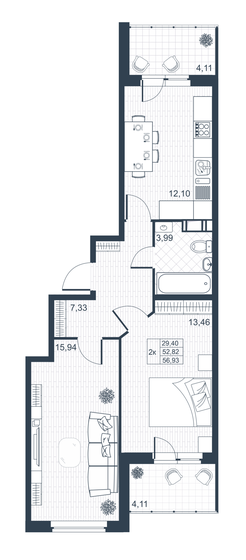 56,9 м², 2-комнатная квартира 8 653 360 ₽ - изображение 1