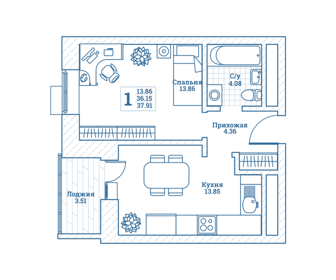 37,9 м², 1-комнатная квартира 4 416 515 ₽ - изображение 1