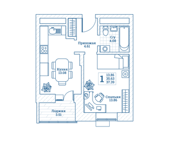 37,6 м², 1-комнатная квартира 4 492 005 ₽ - изображение 6