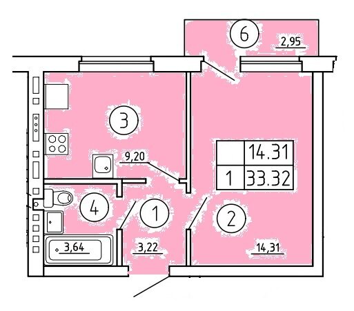 33,3 м², 1-комнатная квартира 3 123 000 ₽ - изображение 1