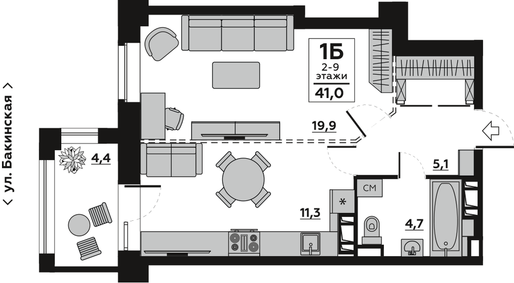 43,4 м², 1-комнатная квартира 7 500 000 ₽ - изображение 1