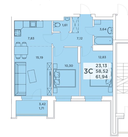 61,9 м², 3-комнатная квартира 9 035 000 ₽ - изображение 1