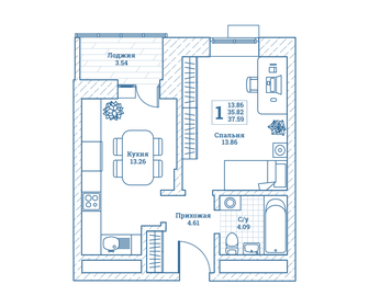 Квартира 37,6 м², 1-комнатная - изображение 1