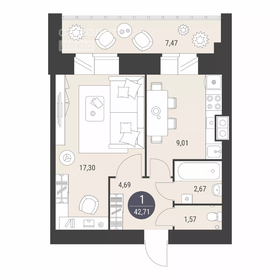 Квартира 42,7 м², 1-комнатная - изображение 1