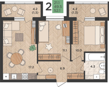 Квартира 52,1 м², 2-комнатная - изображение 1