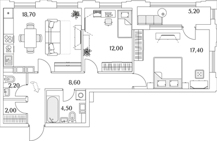 Квартира 68 м², 2-комнатная - изображение 1