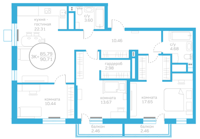 Квартира 85,8 м², 3-комнатная - изображение 1