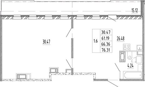 Квартира 75,7 м², 1-комнатная - изображение 1