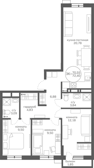 70,6 м², 3-комнатная квартира 7 190 000 ₽ - изображение 1